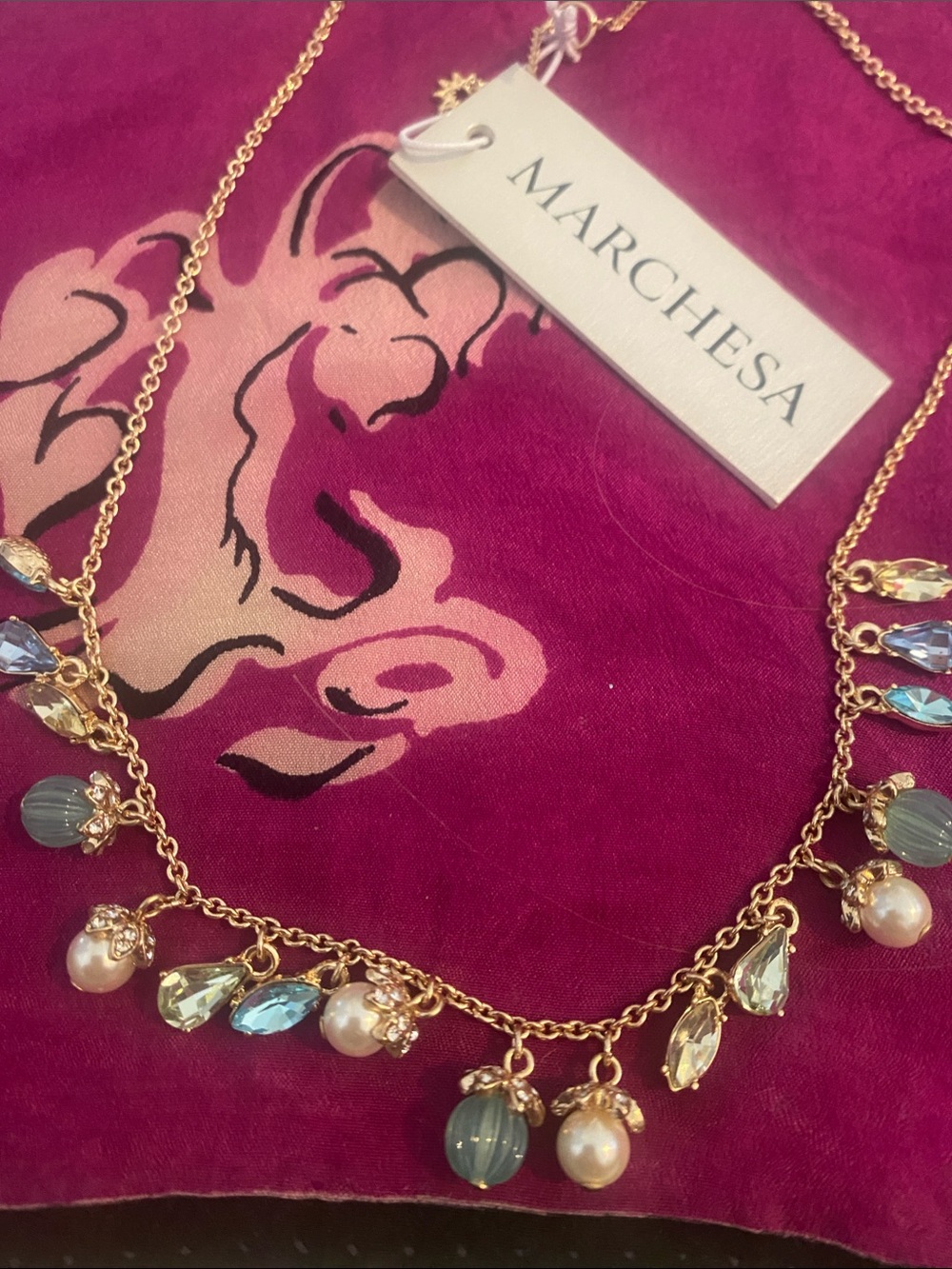 Marchesa Gold Necklace with Pink, Blue and Pearl Accents